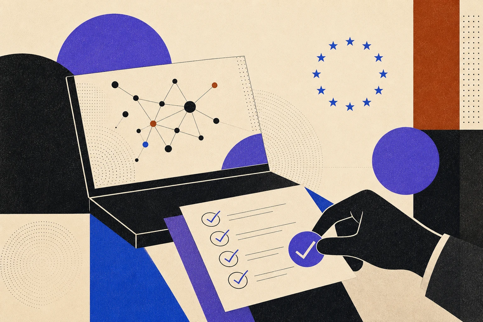 Scrivania di una piccola impresa con computer, checklist e simbolo europeo, controllo umano nell'uso dell'intelligenza artificiale
