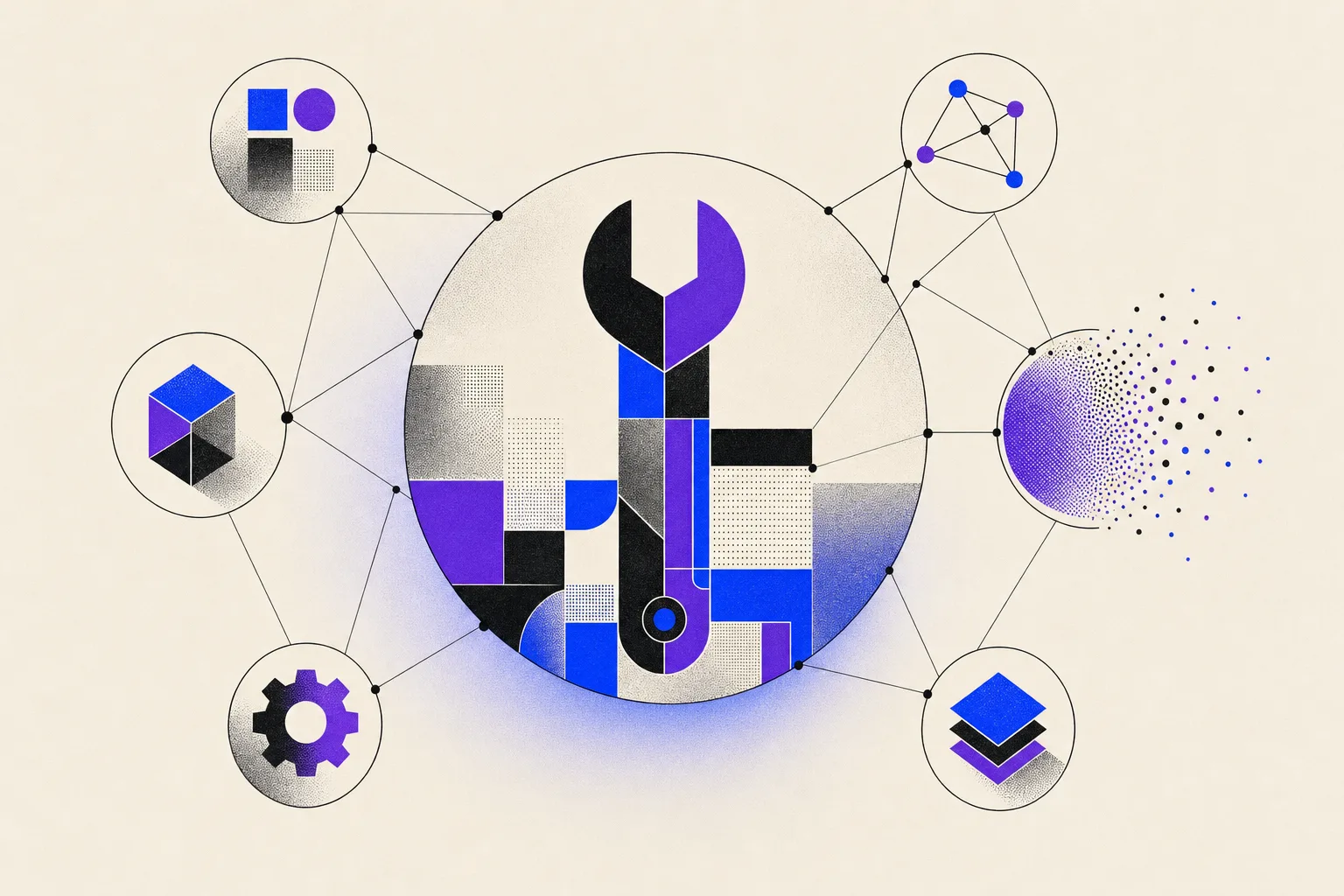 Illustrazione editoriale astratta: strumenti AI orchestrati e le novità del Google I/O 2026