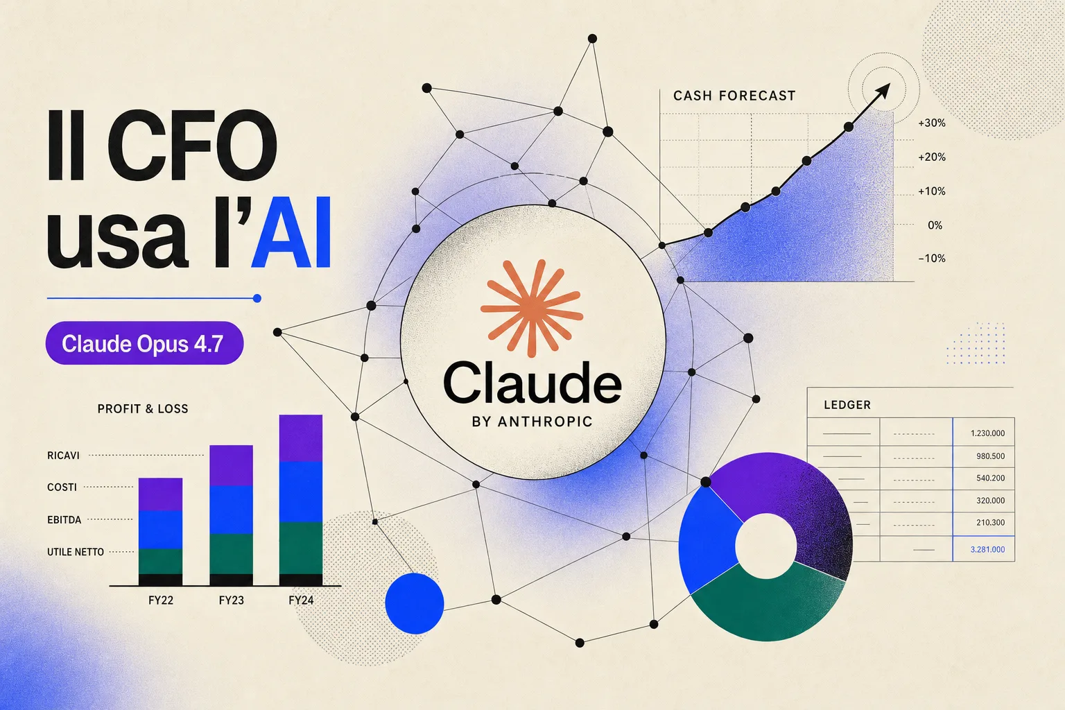 Illustrazione editoriale: Claude applicato alla finanza aziendale, forme finanziarie e rete neurale su sfondo cream