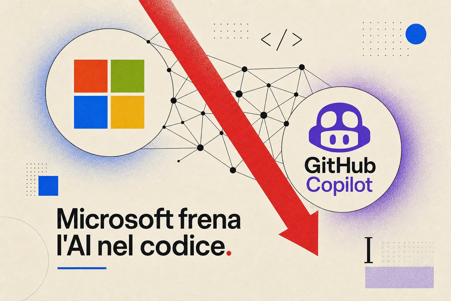 Logo Windows e GitHub Copilot con una freccia verso il basso, stile editoriale su sfondo chiaro, palette rosso e blu