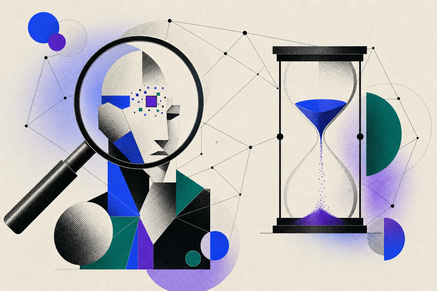 Una grande lente d'ingrandimento cerca un difetto minuscolo su un ritratto geometrico mentre accanto una clessidra si svuota, illustrazione editoriale paper su sfondo cream