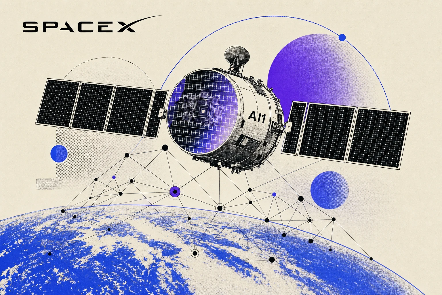 SpaceX AI1: satellite AI in orbita con pannelli solari dispiegati, stile paper editorial cream e blu elettrico