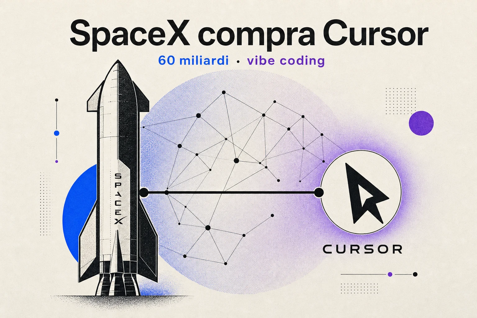 SpaceX acquisisce Cursor, schema editoriale paper su sfondo cream con razzo Starship, logo Cursor e scritta vibe coding